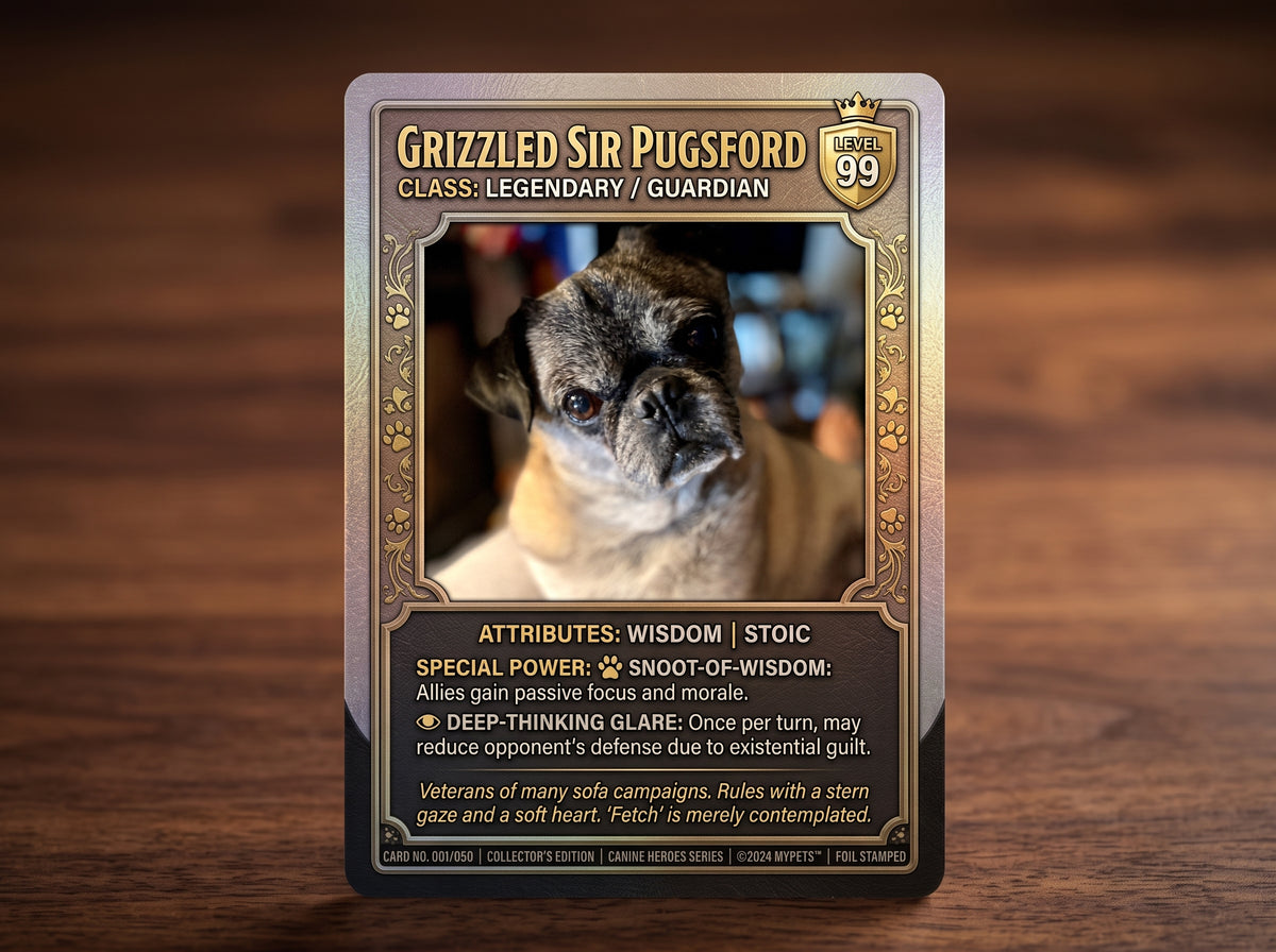 Grizzled Sir Pugsford — Custom Pet Trading Card
